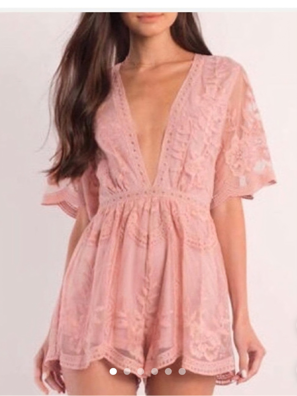 Honey Punch Pink Floral Lace Romper Deep V-Neck Flutter Sleeve #0073